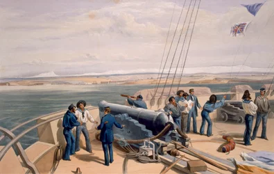 Sebastopol from the Sea, prato de "O assento da guerra no Oriente", publicado pela Colnaghi and Co., 1856 (lito colorido à mão)